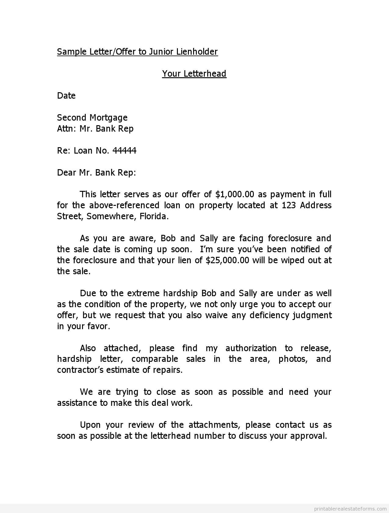 FREE Sample Letter Offer to Junior Lienholder FORM | Printable Real 