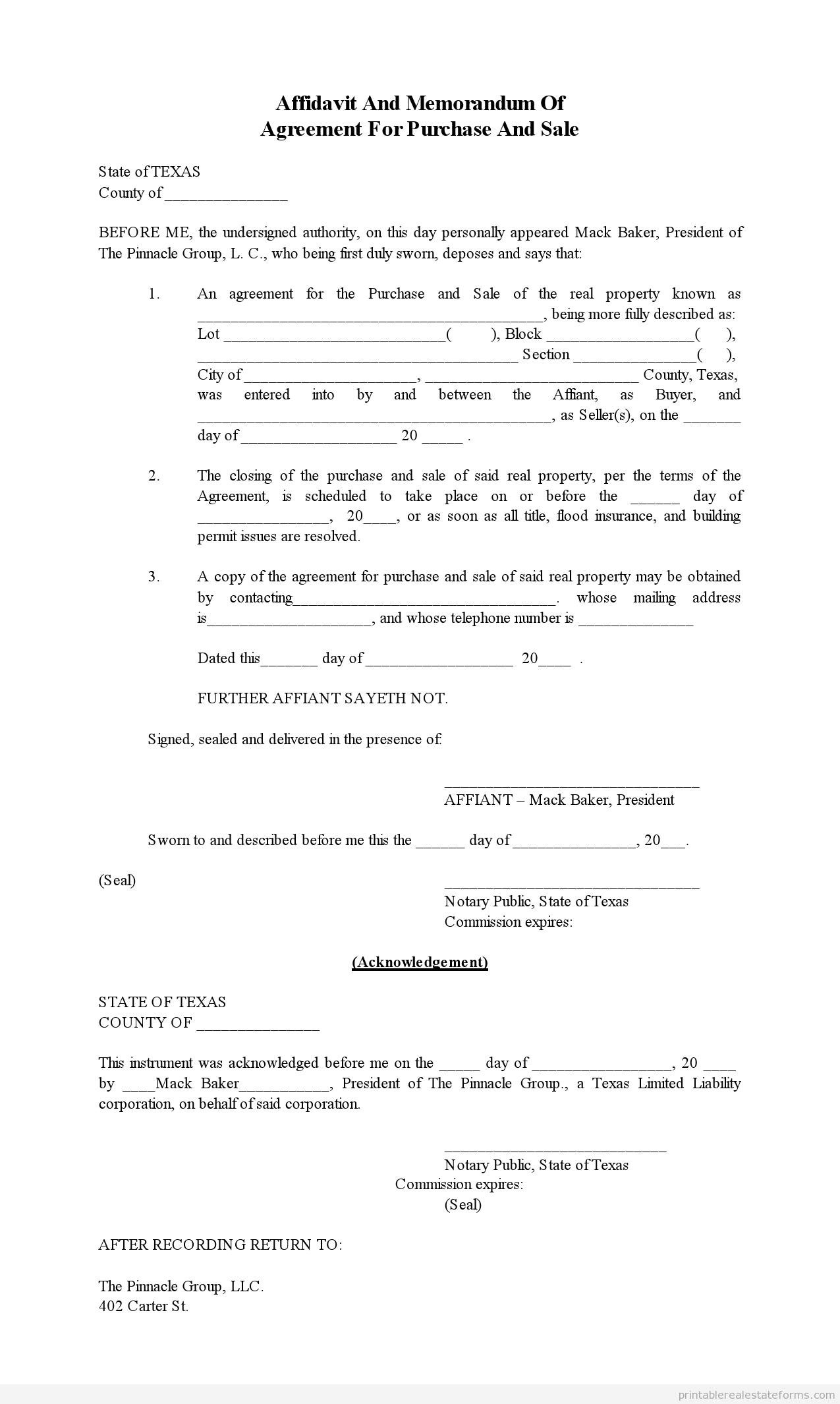 Free Printable Purchase Agreement- Memorandum-Affidavit