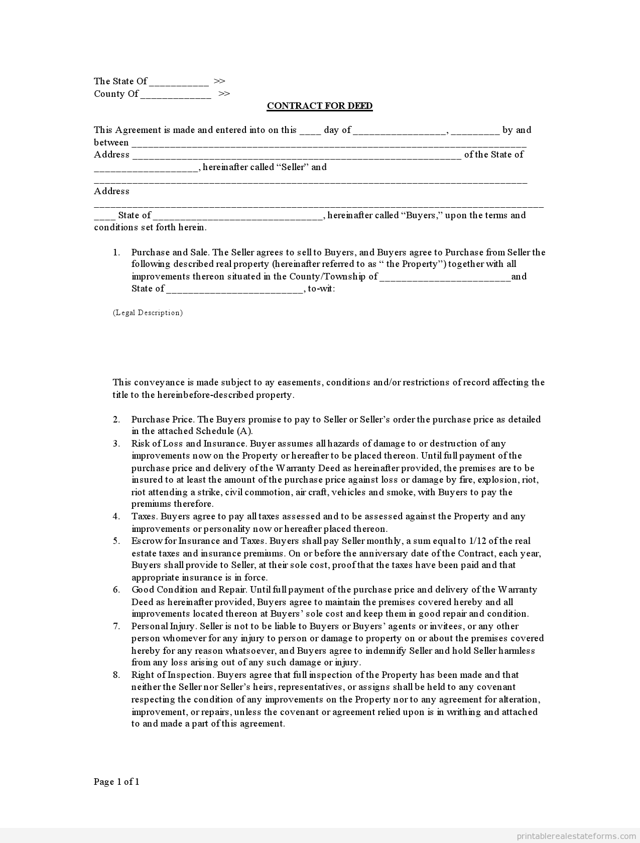 Free Printable Contract For Deed Form BASIC TEMPLATES 