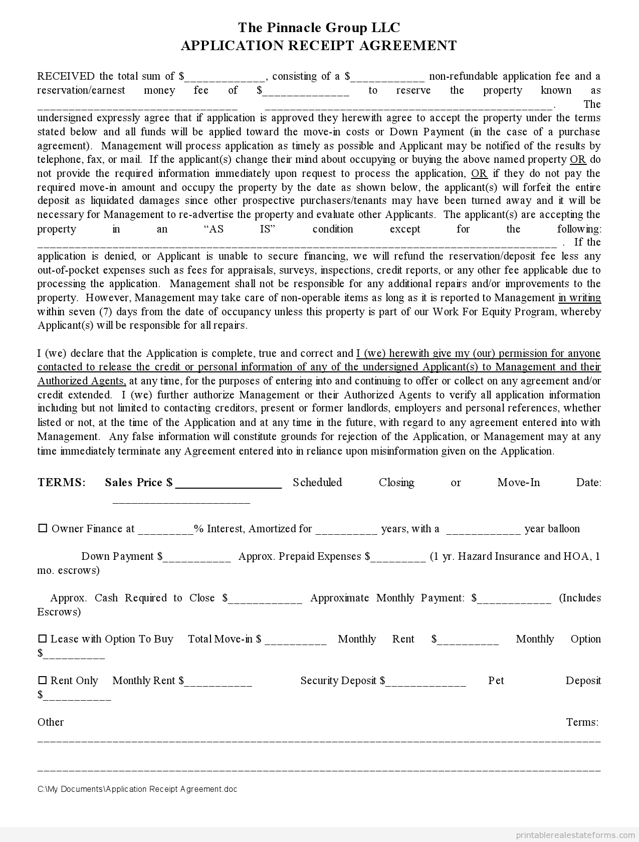 Application Free Blank Rental Agreement Form Printable