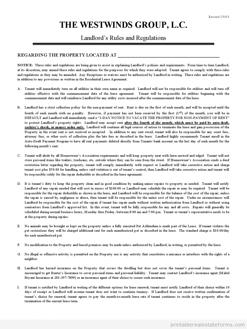 Sample Landlord's Rules and Regulations Forms Landlord's Rules and Regulations
