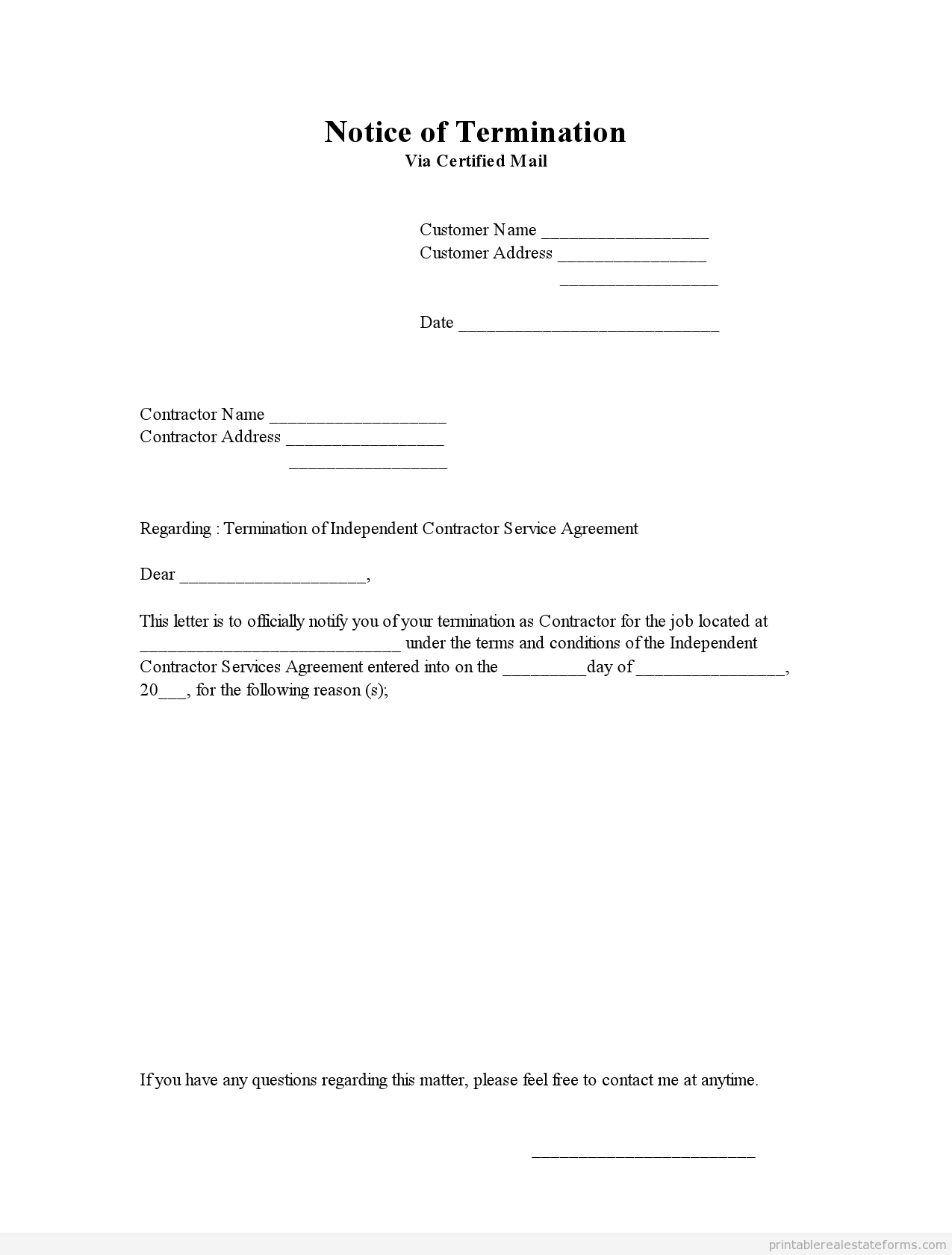 Free Printable Notice Of Termination Form PDF WORD 