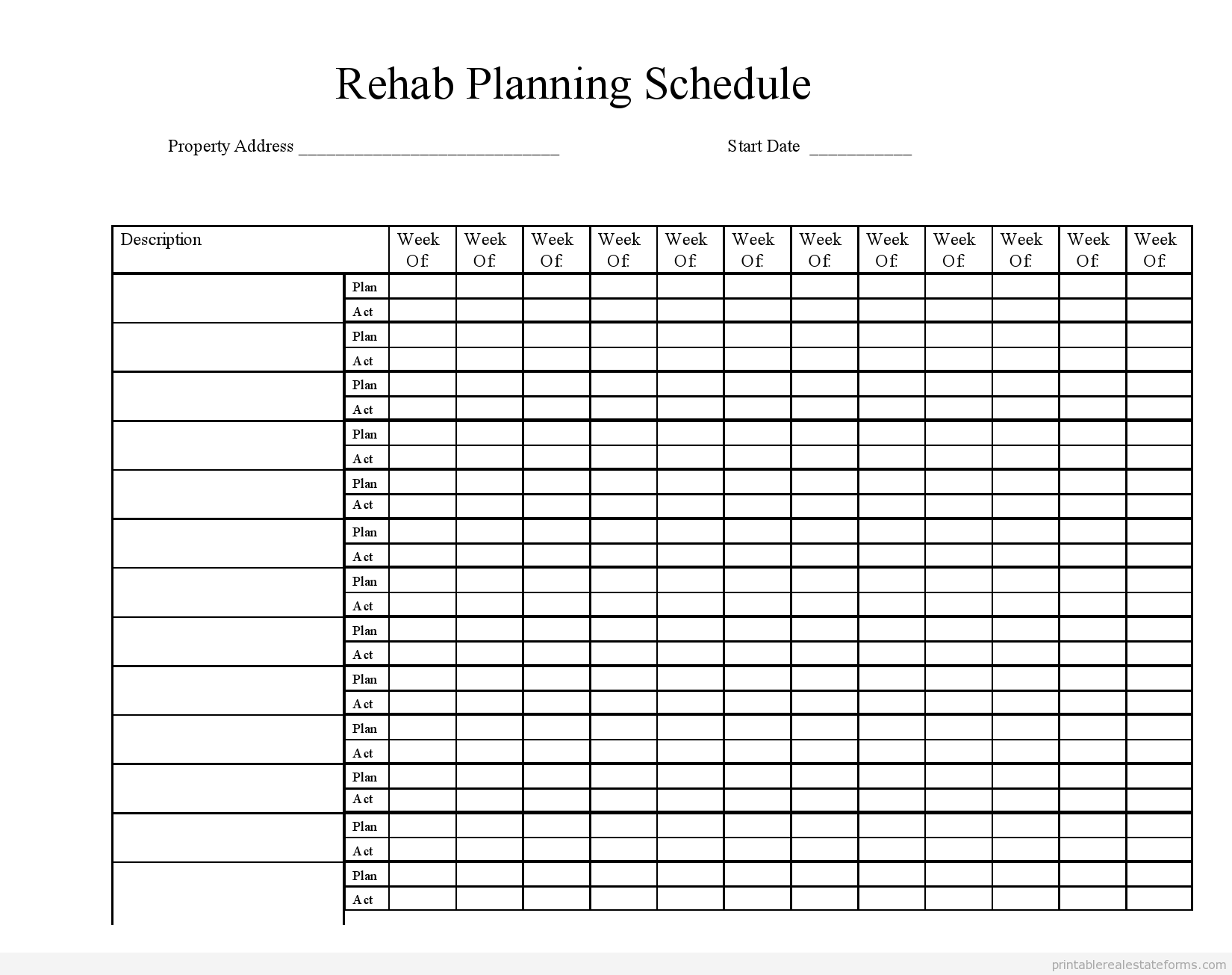 Free Printable Rehab Planning Schedule Form PDF WORD 