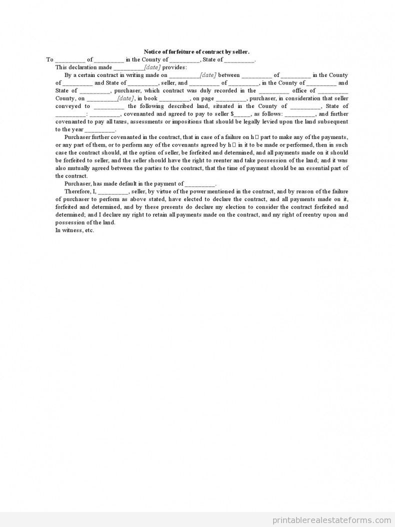 Sample Notice of forfeiture of contract by seller Forms Notice of Forfeiture of Contract by Seller