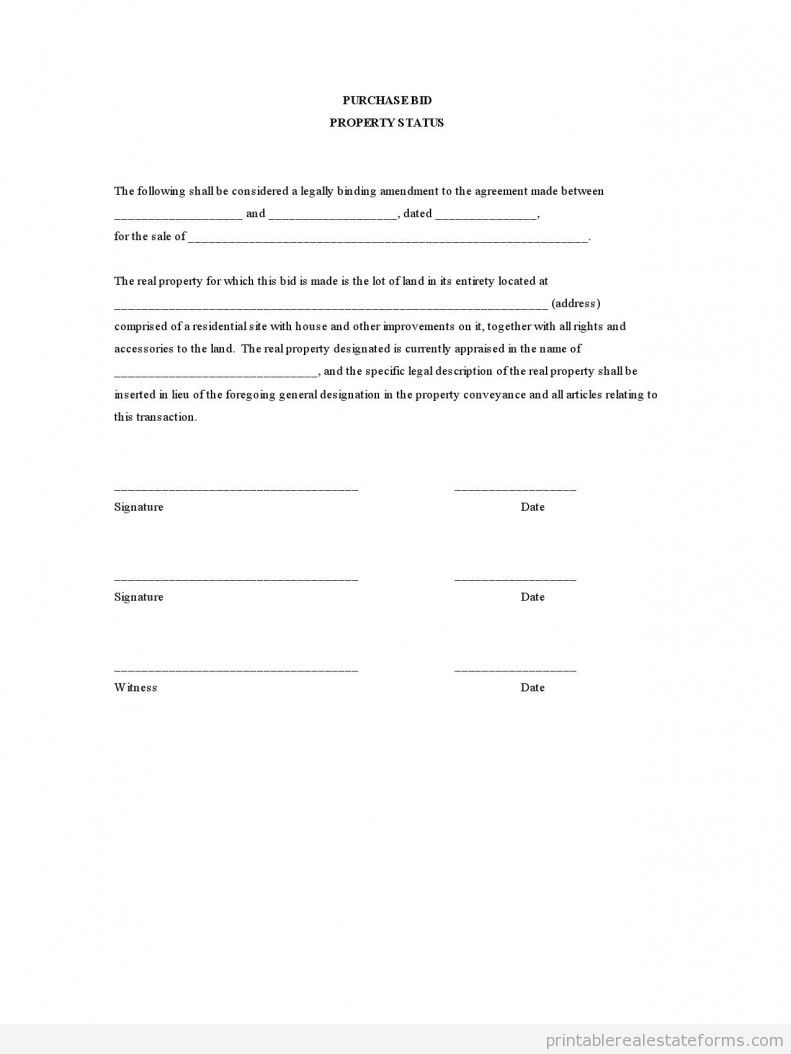 Sample PURCHASE BID PROPERTY STATUS Forms Purchase Bid - Property Status