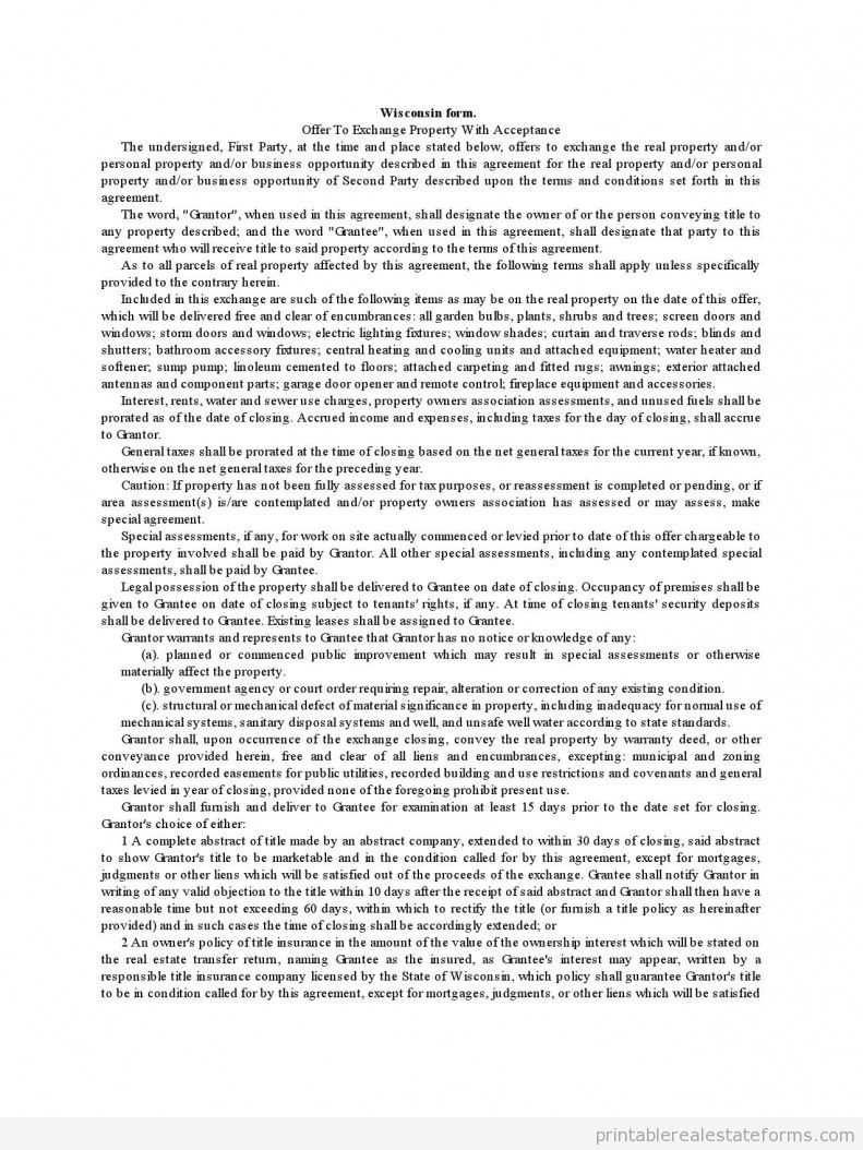 Sample Wisconsin Form - Offer to Exchange Property With Acceptance Forms Wisconsin Form - Offer to Exchange Property With Acceptance