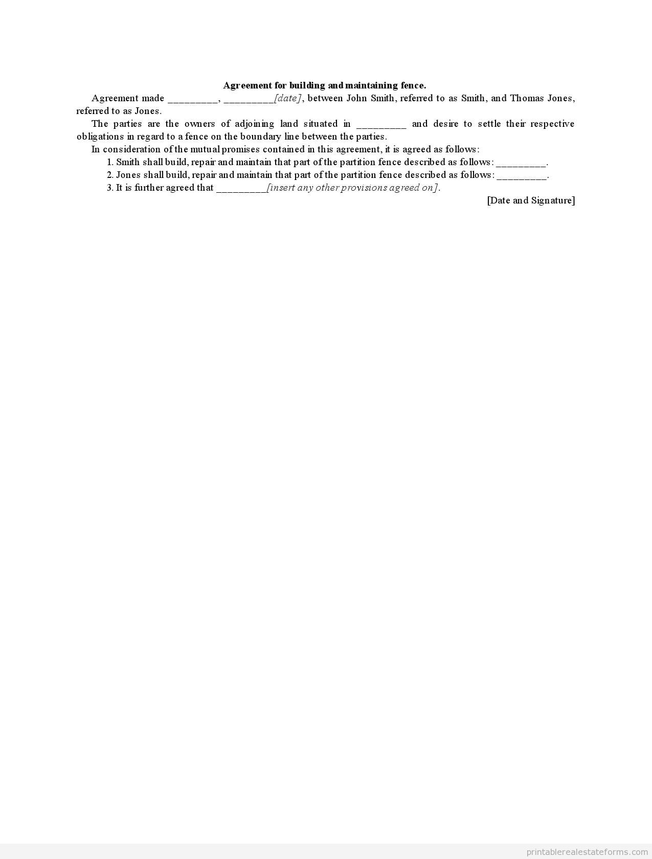 Free Common Fence Agreement Form Template (PRINTABLE)