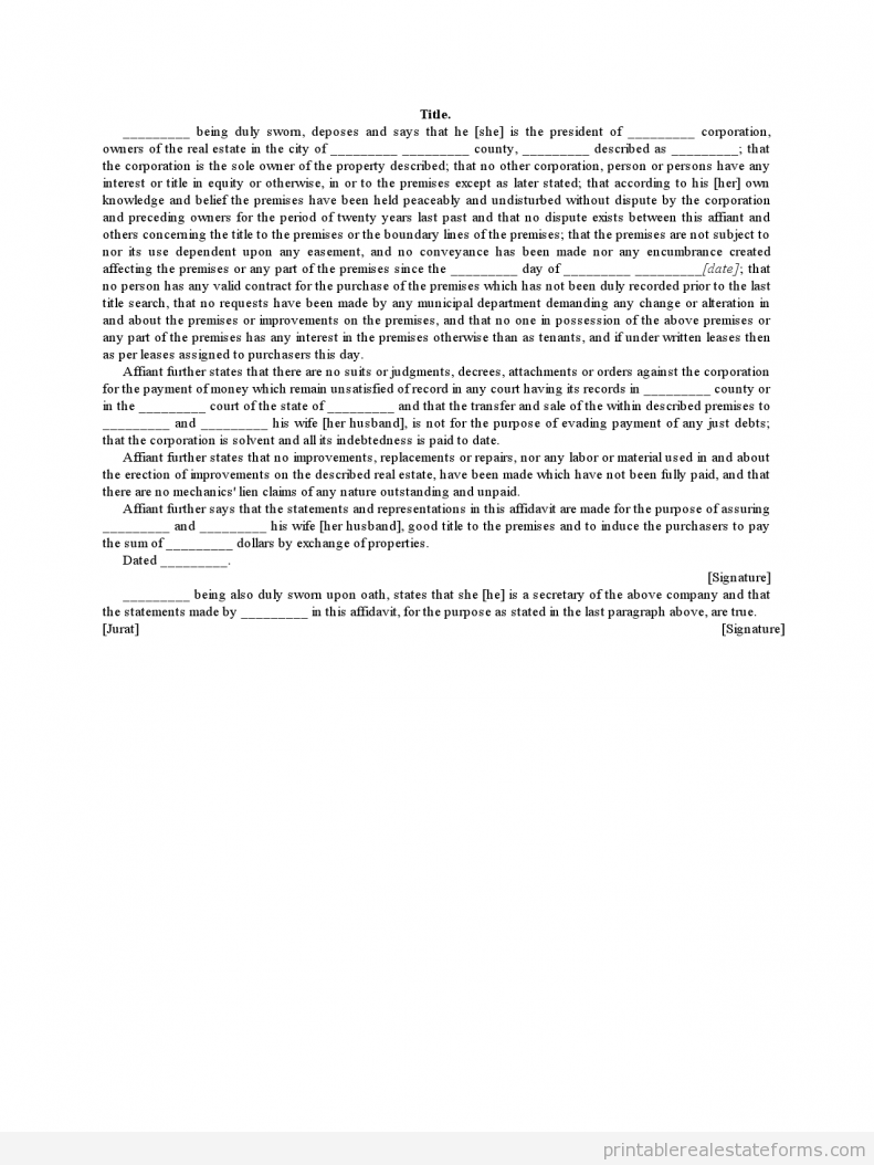 Sample Affidavit re Title - Corporation Forms Affidavit re Title - Corporation