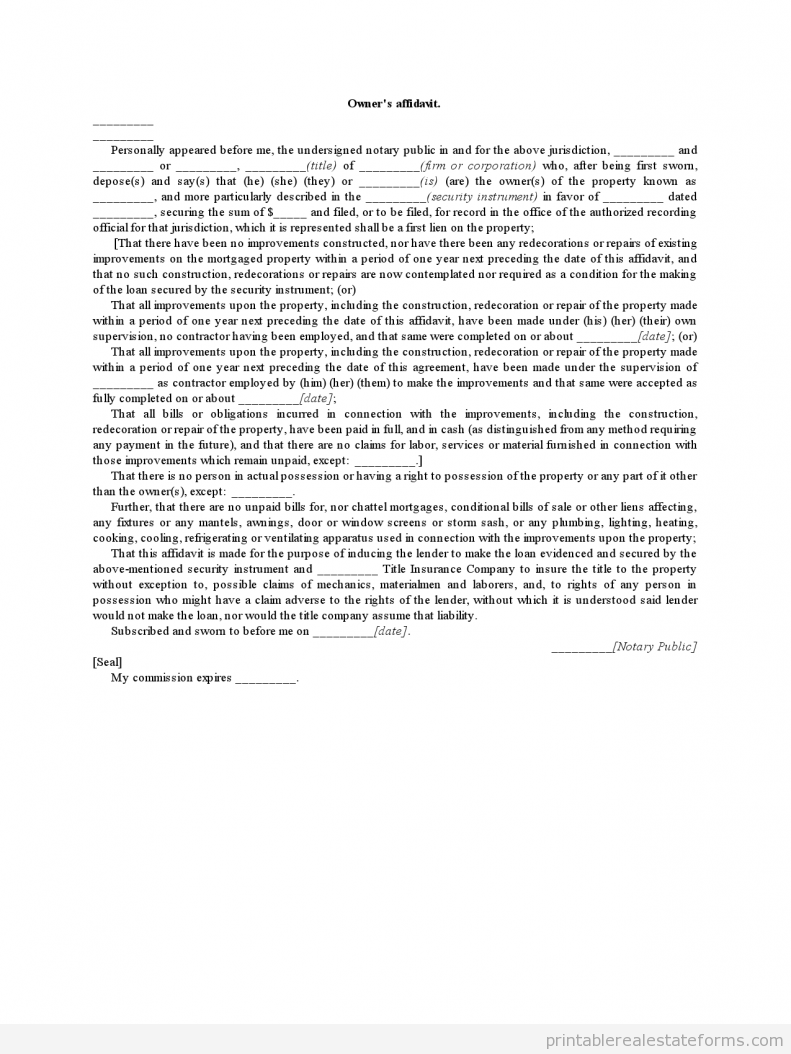 Sample Owner's Affidavit Forms Owner's Affidavit