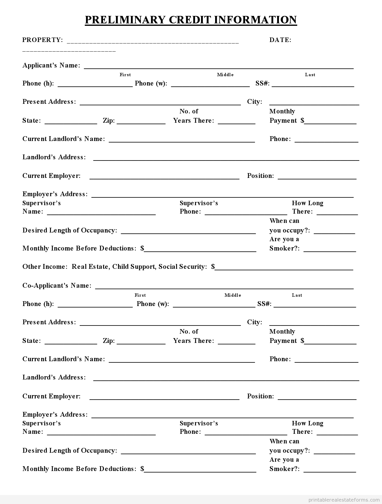 Real Estate Credit Application Form FREE PRINTABLE 