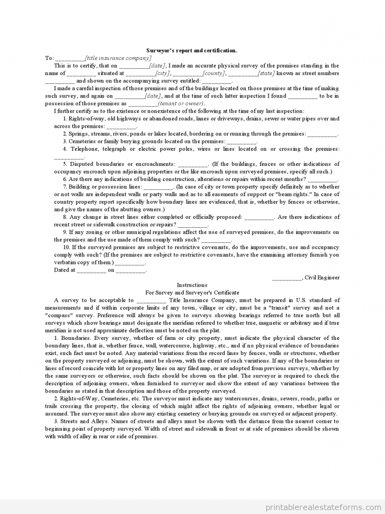 Sample Surveyor's Report and Certification Forms Surveyor's Report and Certification