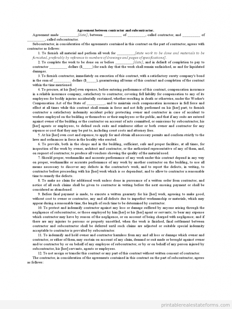 Sample Agreement Between Contractor and Subcontractor Forms Agreement Between Contractor and Subcontractor