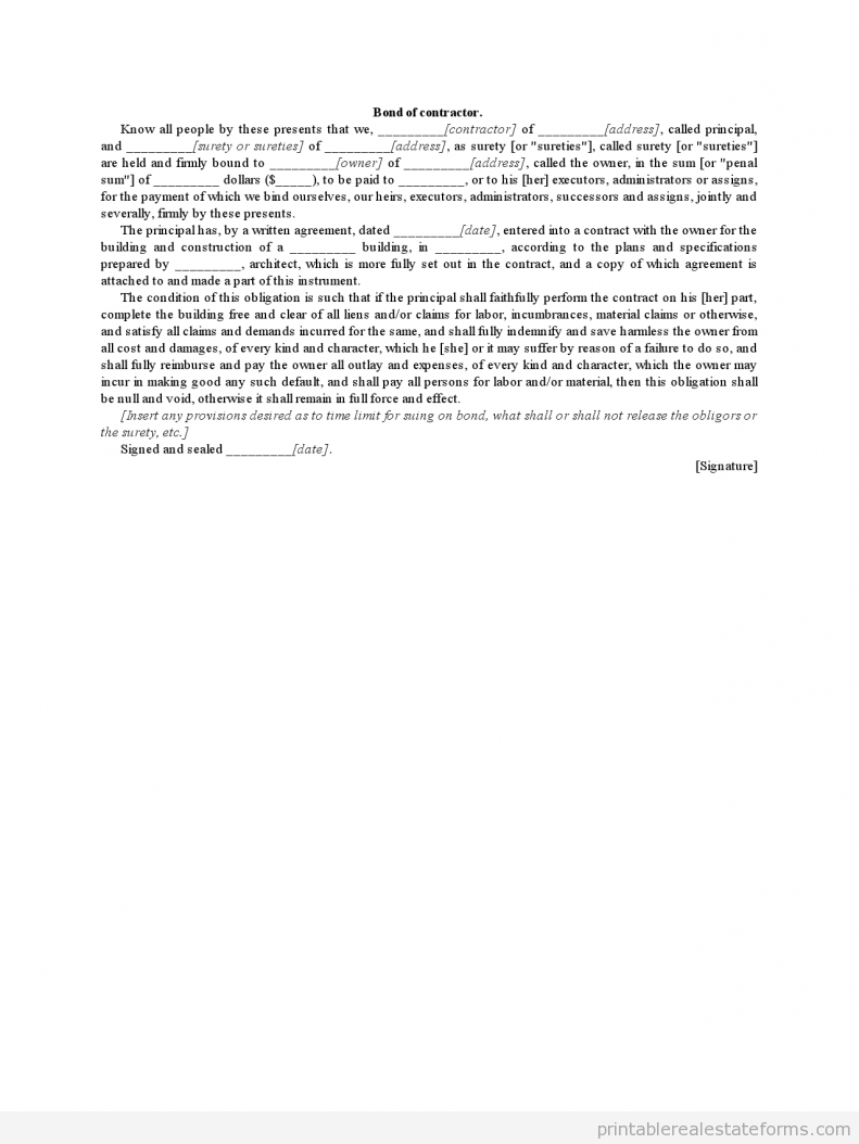 Sample Bond of Contractor Forms Bond of Contractor