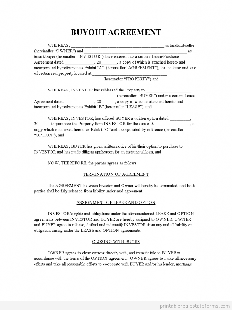 Free Buyout Agreement Template Form - Real Estate (PDF) Throughout buyout agreement template