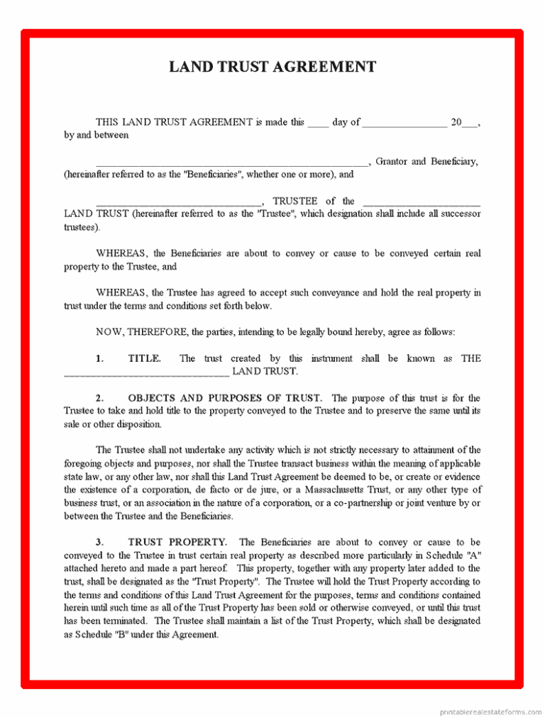Printable Land Trust Agreement Sample Form (PDF &amp; WORD)