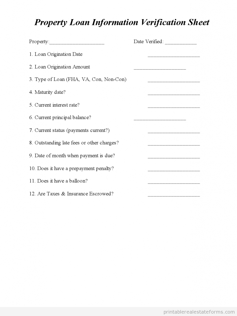 PROPERTY LOAN INFO VERIFICATION SHEET