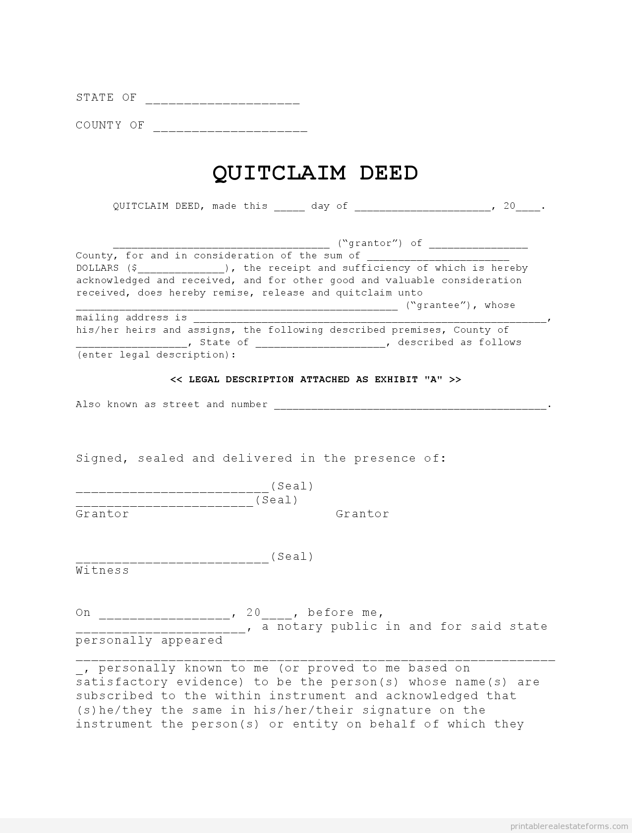 Free Printable Blank Quitclaim Deed Example Form (PDF)