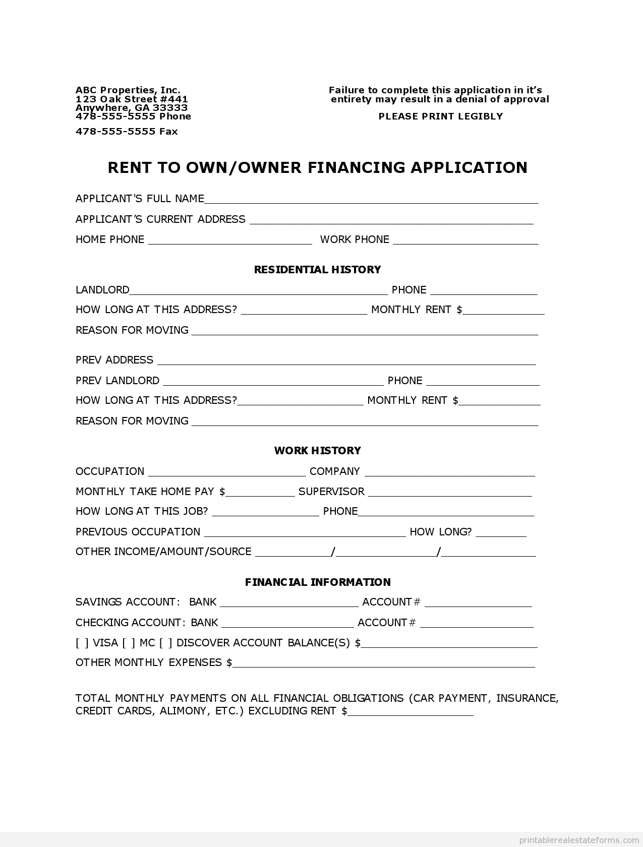Owner Financing Agreement Printable Free (BLANK FORM)