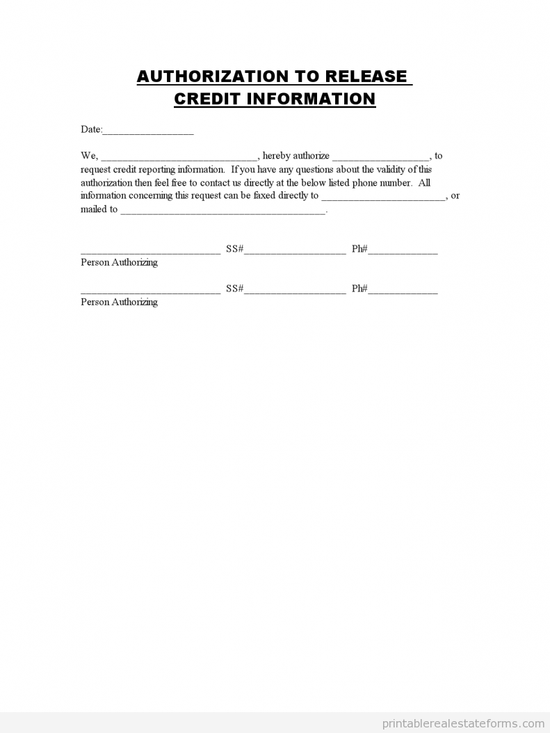 Sample AUTHORIZATIO TO RELEASE CREDIT INFORMATION 1 Forms AUTHORIZATIO-TO-RELEASE-CREDIT-INFORMATION0001