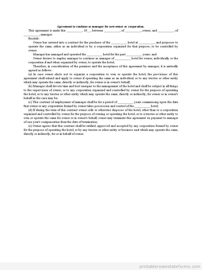 Sample Agreement to Continue As Manager for New Owner Or Corporation Forms Agreement-to-Continue-As-Manager-for-New-Owner-Or-Corporatio0001