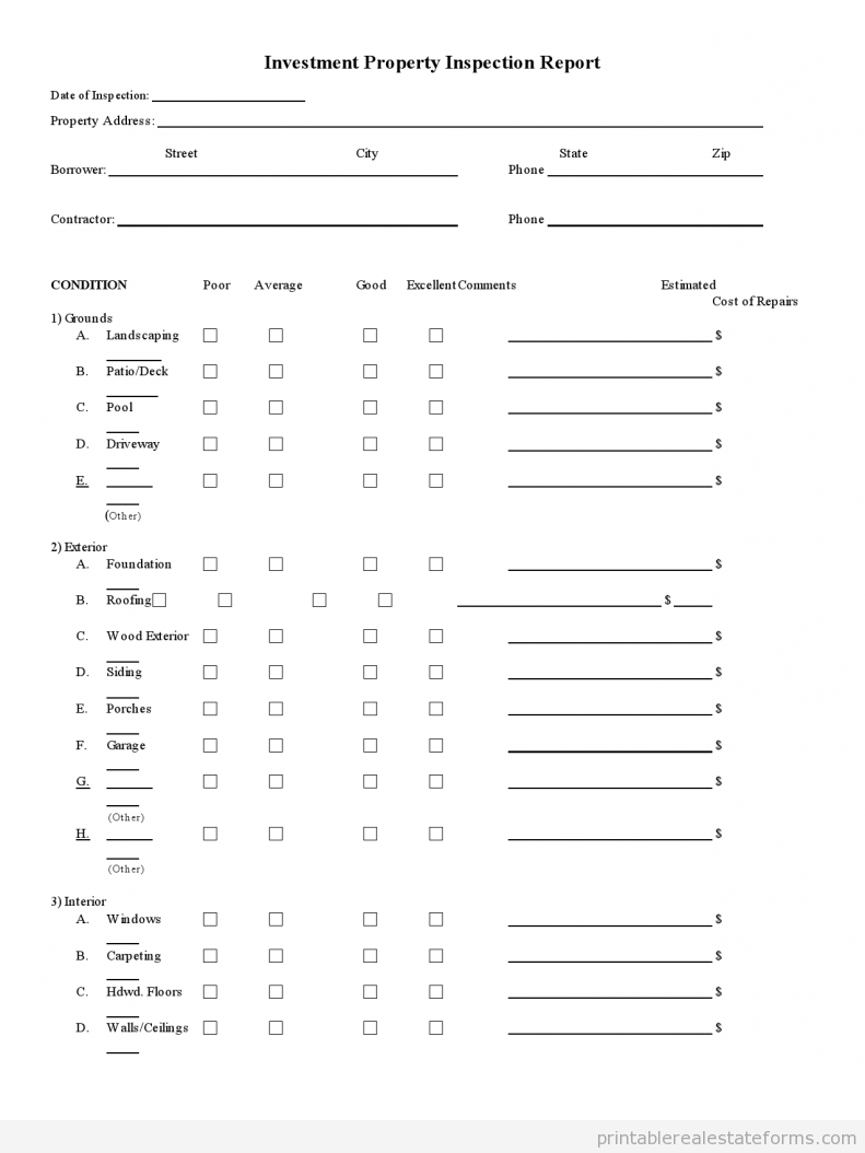 Sample Investment Property Inspection Report Forms Investment Property Inspection Report