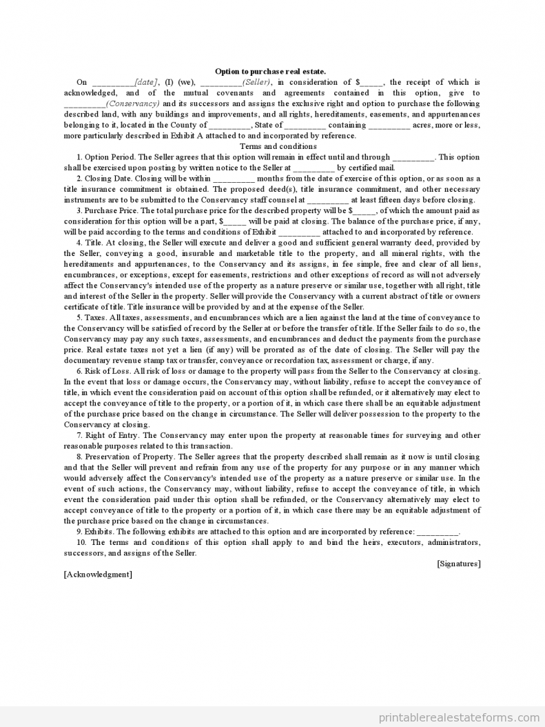 Sample Option to Purchase Real Estate Forms Option to Purchase Real Estate0001