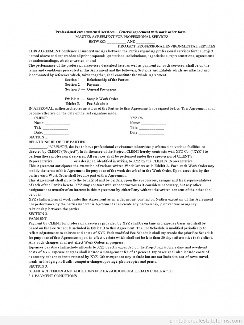 Sample Professional Environmental Services General Agreement work order form Forms Professional-Environmental-Services·General-Agreement-with-W0001