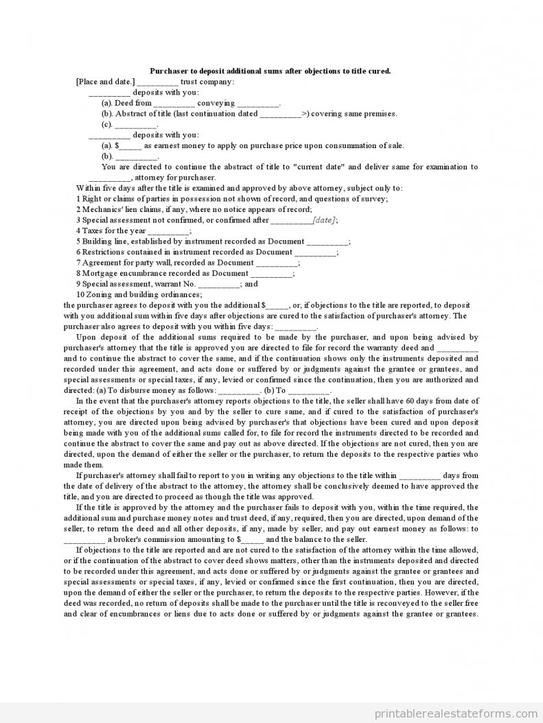 Sample Purchaser to Deposit Additional Sums after Objections to title cured Forms Purchaser-to-Deposit-Additional-Sums-after-Objections-to-Ti0001