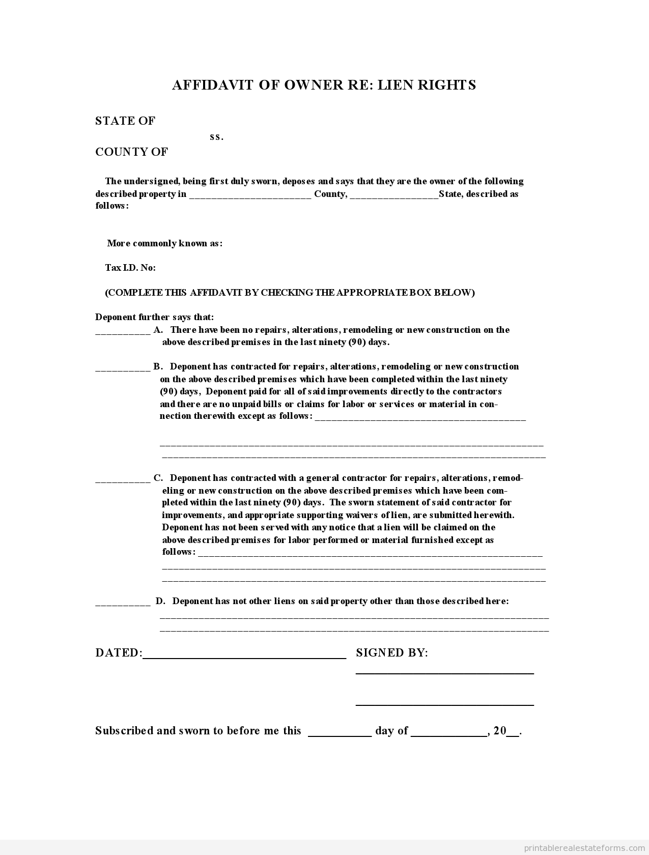 Free Printable AFFIDAVIT OF OWNERSHIP-Options Form(PDF)