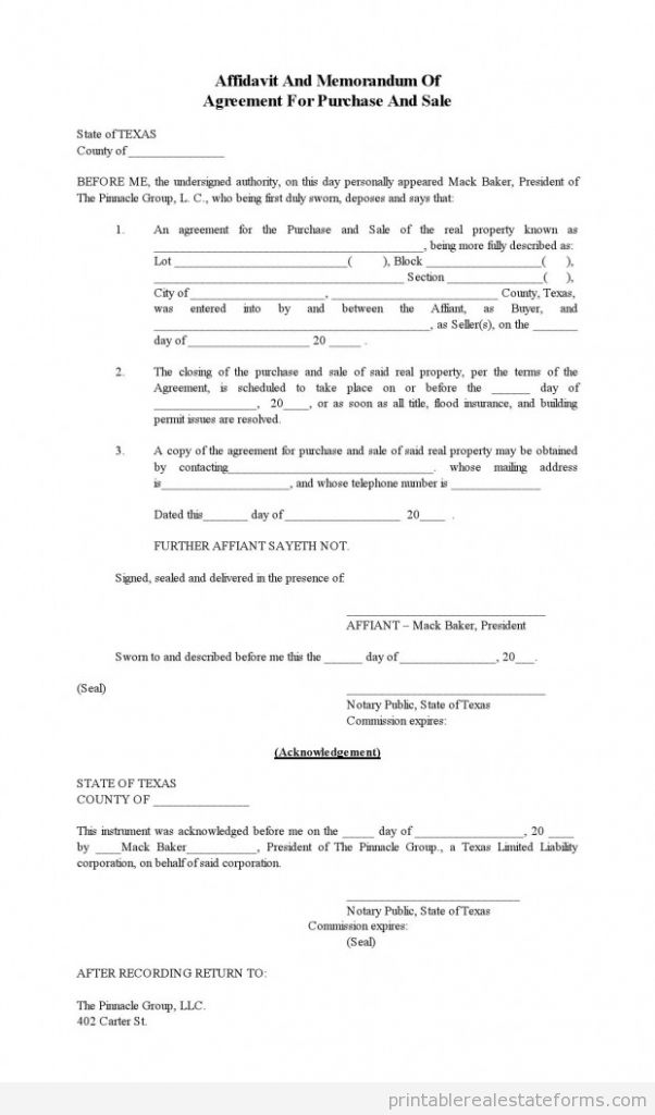 Sample Affidavit of Memorandum for Purchase and Sale Forms Affidavit of Memorandum for Purchase and Sale