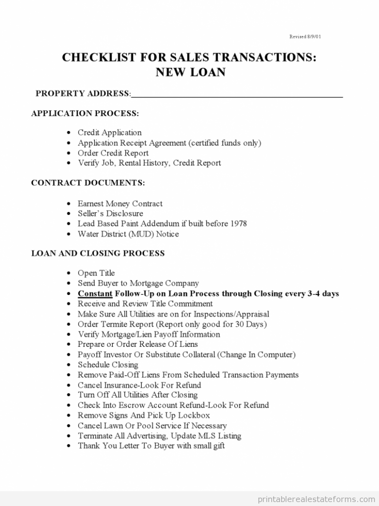 Checklist For Sales With New Loans