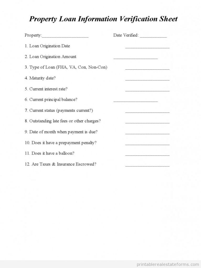 Sample PROPERTY LOAN INFO VERIFICATION SHEET-Assorted Legal Forms Forms PROPERTY LOAN INFO VERIFICATION SHEET