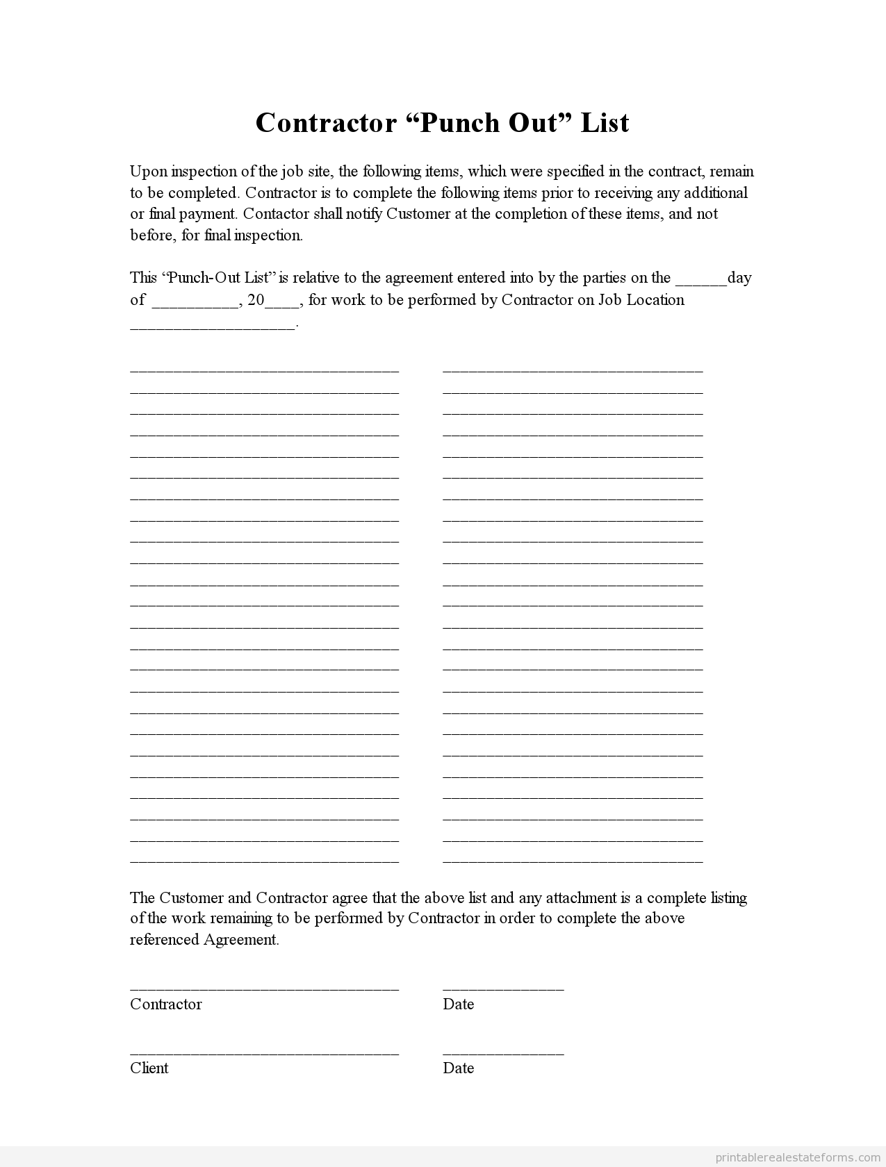 Construction Punch List Template from www.printablerealestateforms.com