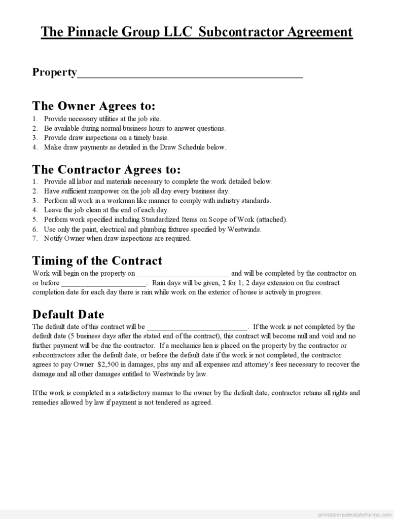 Sample Subcontractor Agreement Template Form