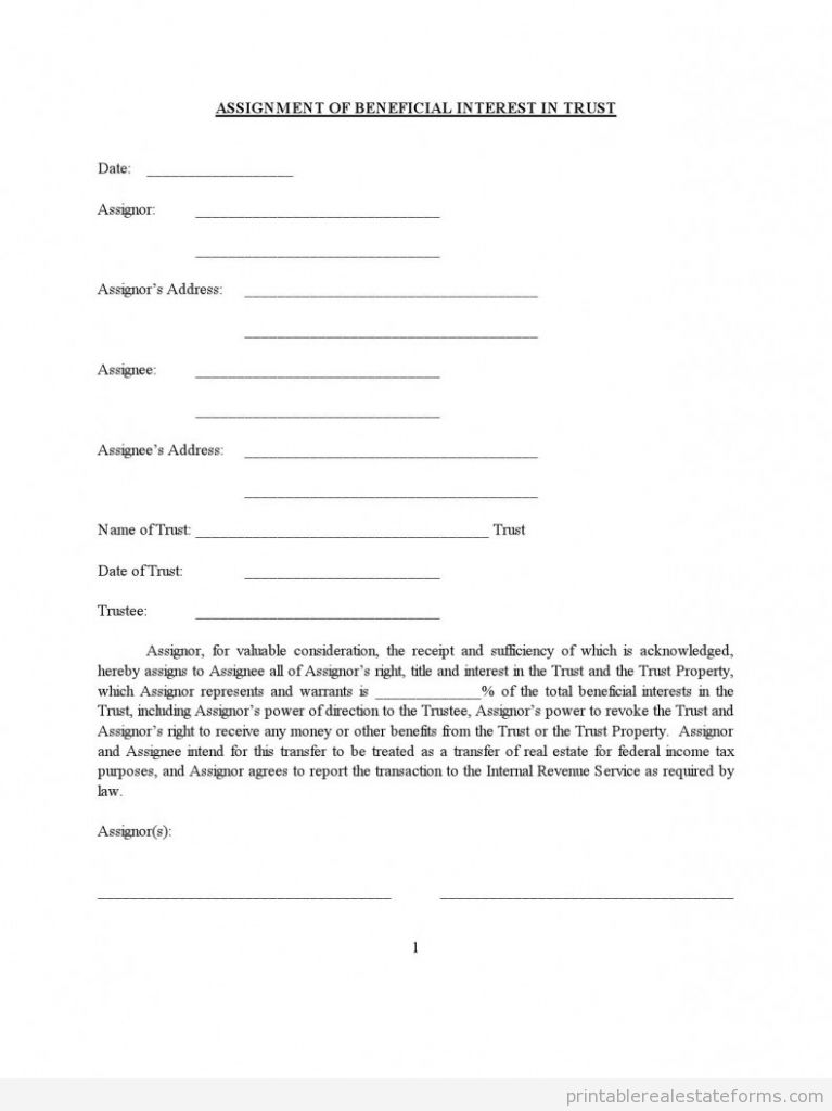 Sample Trust Assignment Of Benificial Interest Forms TrustAssignment Of Benificial Interest
