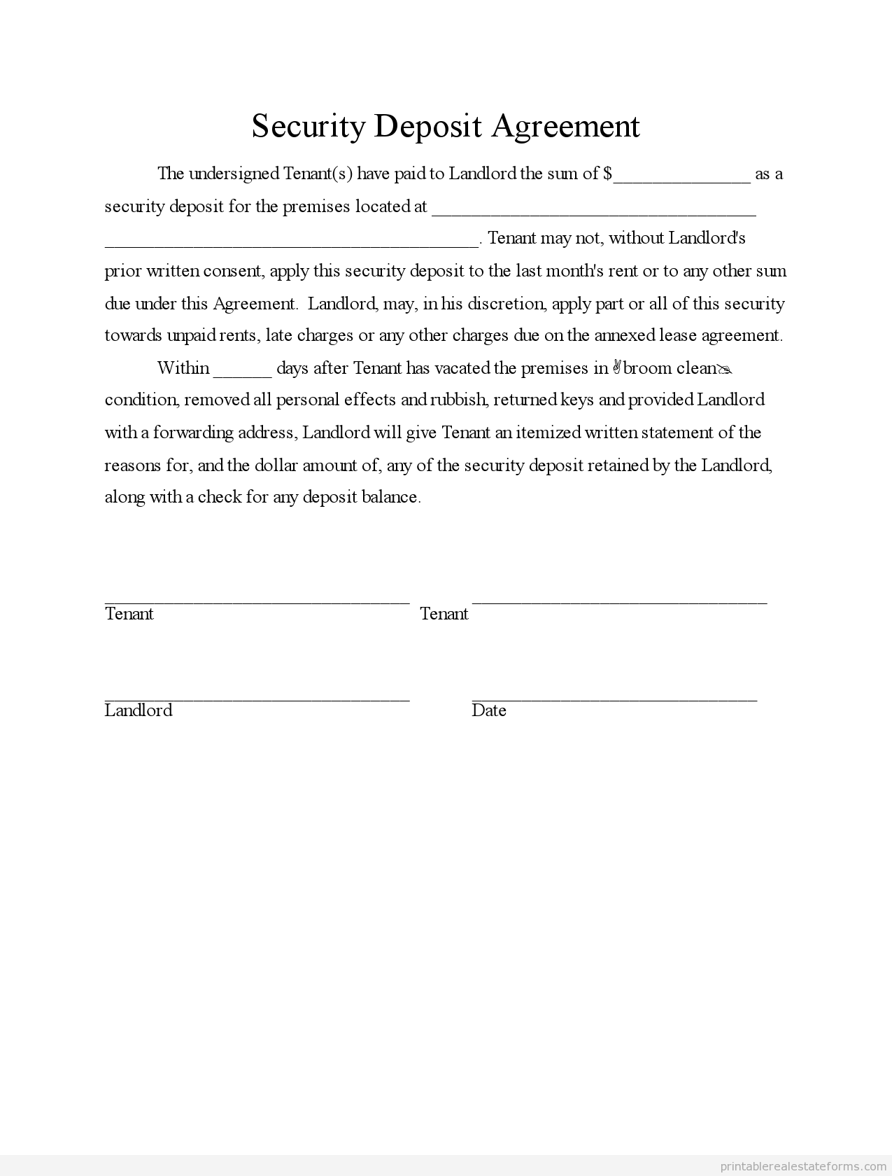 Free Printable Security Deposit Agreement Form SAMPLE Free Printable Security Deposit Agreement Form SAMPLE