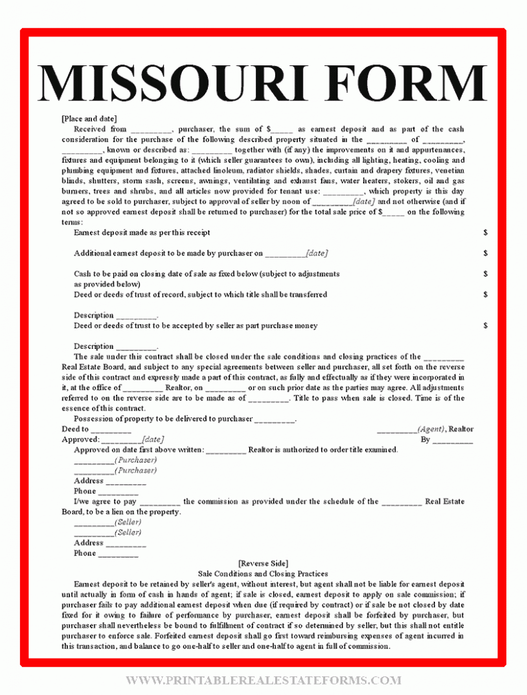 Free Printable Missouri Real Estate Contract Form (PDF)