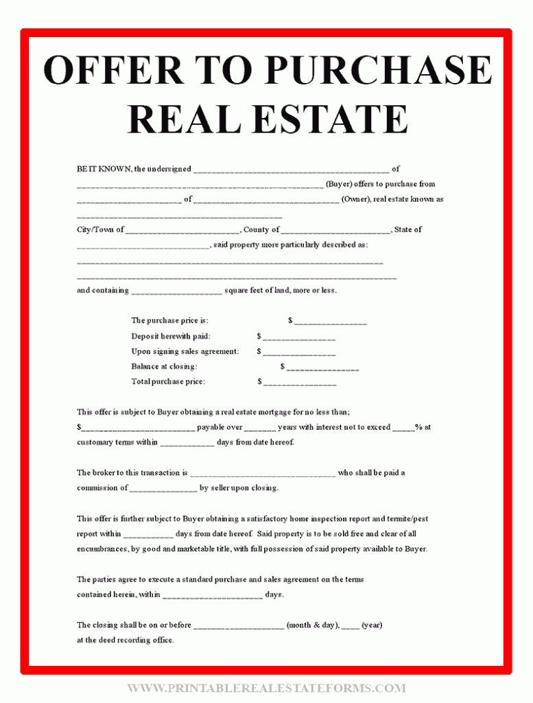 Free Printable Offer To Purchase Real Estate Form PDF Free Printable Offer To Purchase Real Estate Form PDF