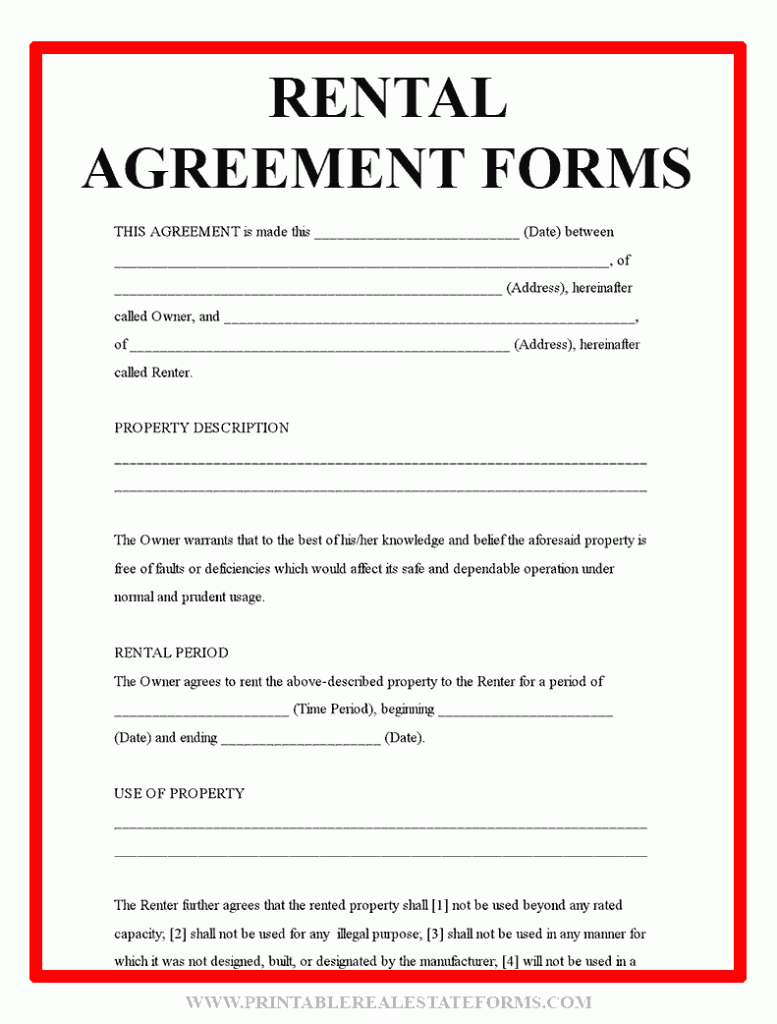 Sample Rental Agreement Forms Template Form