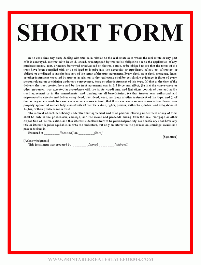 Sample Short Form Template Form