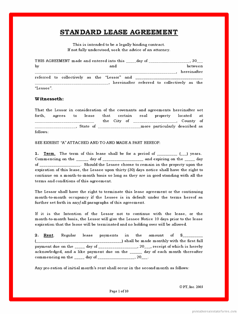Free Standard Lease Agreement Standard Rental Agreement